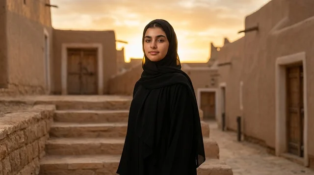 Saudi Woman in Abaya at Heritage Village Sunset