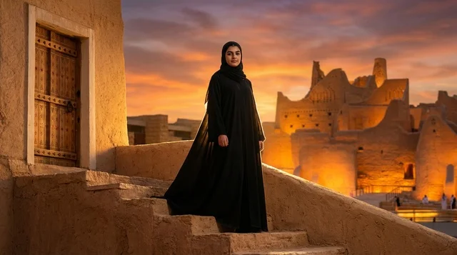 A Saudi woman wearing a black abaya at an ancient heritage site.