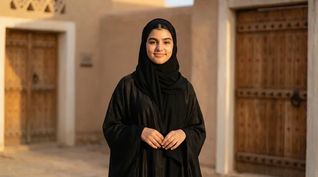 امرأة سعودية بالعباءة التقليدية في قرية تراثية