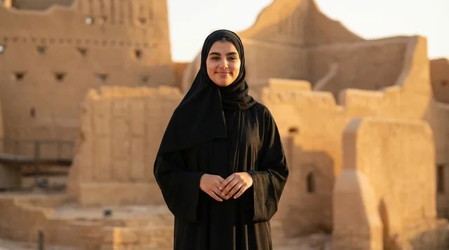 امرأة سعودية بالعباءة في منطقة الدرعية التراثية