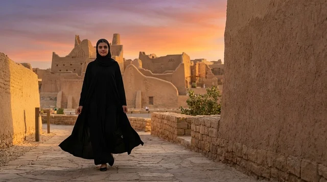 امرأة سعودية في حي الطريف بالدرعية وقت الغروب