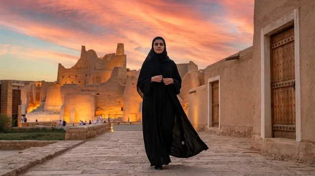 Saudi Woman in Abaya at Diriyah At-Turaif Sunset Saudi Woman in Abaya at Diriyah At-Turaif Sunset