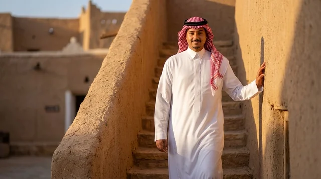 رجل سعودي بالزي التقليدي في قرية تراثية قديمة