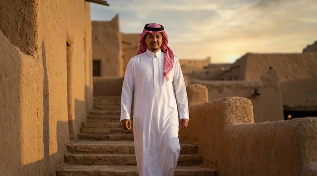 رجل سعودي بالزي التقليدي في قرية تراثية وقت الغروب