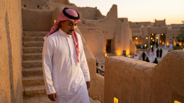 رجل سعودي بالزي التقليدي في موقع الدرعية التراثي