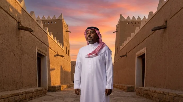Saudi Man in Heritage Village at Sunset
