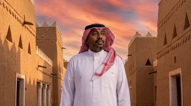 رجل سعودي في قرية طينية تراثية وقت الغروب