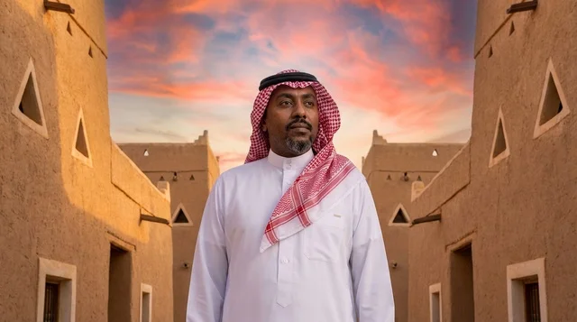 Saudi Man in Traditional Dress at Heritage Site Sunset