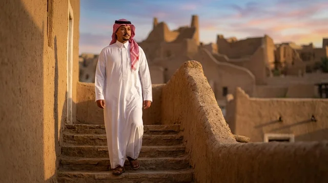 Saudi Man in Traditional Thobe at Diriyah Ruins