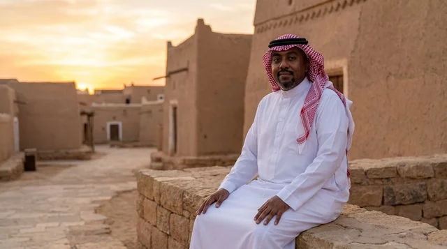 رجل سعودي بالزي التقليدي في قرية تراثية وقت الغروب