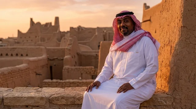 Saudi Man in Traditional Thobe at Diriyah Sunset