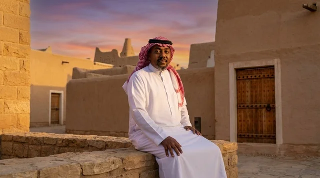 Saudi Man in Traditional Dress at Heritage Site at Sunset
