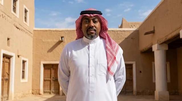 رجل سعودي بالزي التقليدي في قرية تراثية
