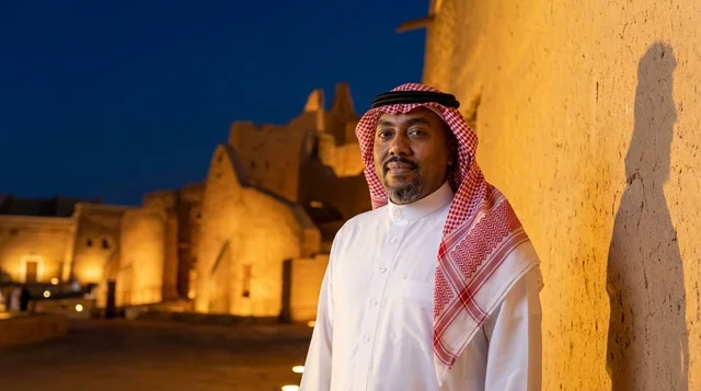 Saudi Man at Historical Heritage Site at Night