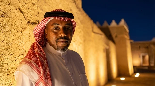 رجل سعودي بالزي التقليدي في قلعة تاريخية ليلاً