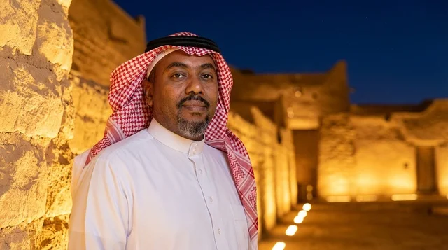 رجل سعودي بالزي التقليدي في موقع تاريخي ليلاً