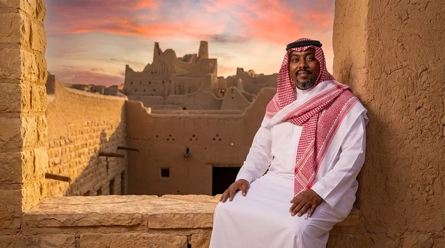 Saudi Man in Traditional Dress at Diriyah Sunset