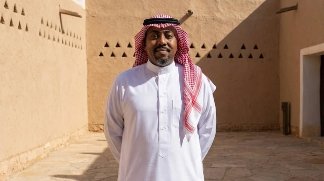 Saudi Man in Traditional Dress at Heritage Mud Building
