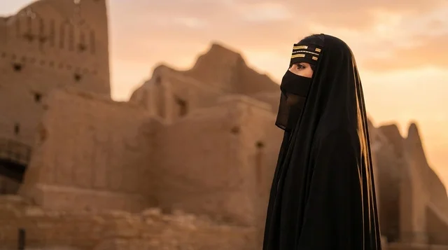 امرأة سعودية بالعباءة والنقاب في موقع تراثي وقت الغروب