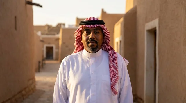 رجل سعودي بالزي التقليدي في قرية تراثية
