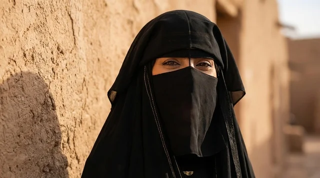 امرأة سعودية بالنقاب التقليدي أمام جدار تراثي