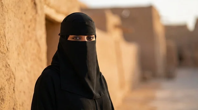 A Saudi woman wearing a black abaya at an ancient heritage site.