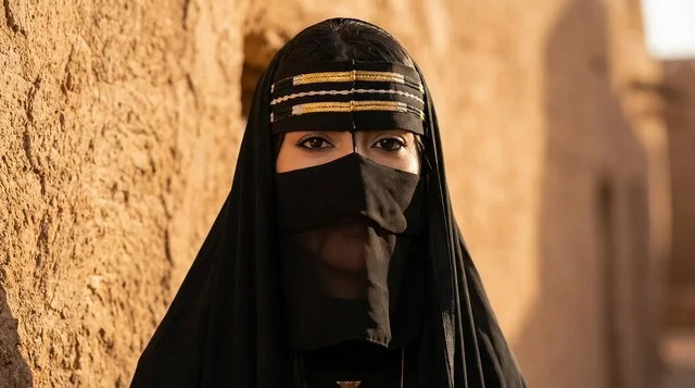 امرأة سعودية بالنقاب التقليدي في موقع تراثي