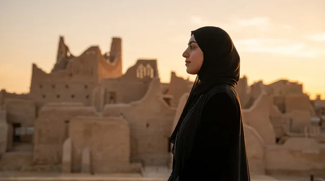 امرأة سعودية في حي الطريف بالدرعية وقت الغروب