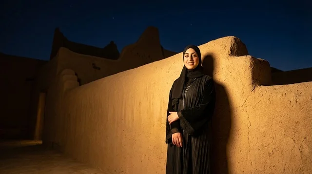 Saudi Woman in Abaya by Traditional Mud Wall at Night