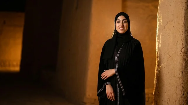 Saudi Woman in Traditional Abaya at Heritage Site Night