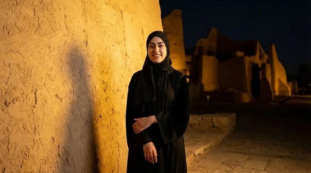 Saudi Woman in Abaya at Historical Mud-Brick Site
