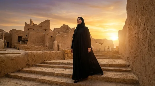 Saudi Woman at At-Turaif Diriyah During Sunset