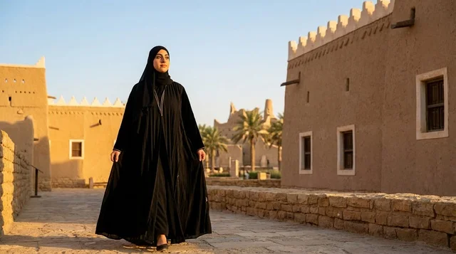 Saudi Woman in Abaya Walking in Historic Diriyah Riyadh