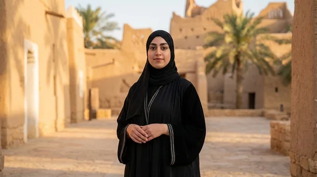 امرأة سعودية بالعباءة التقليدية في موقع تراثي