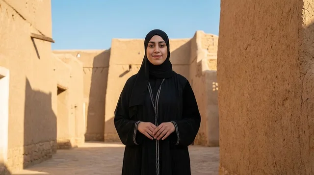 امرأة سعودية بالعباءة في قرية طينية تراثية