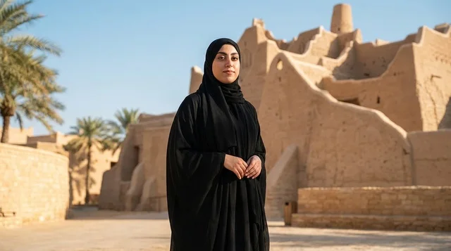 A Saudi woman wearing a black abaya at an ancient heritage site.