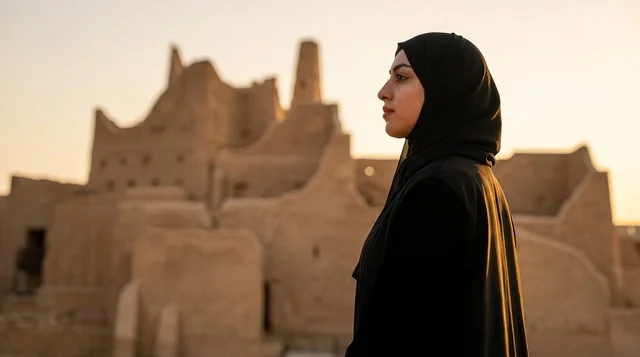 امرأة سعودية في موقع الدرعية التراثي وقت الغروب