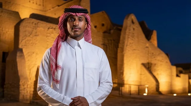 رجل سعودي في قلعة الدرعية التاريخية ليلاً