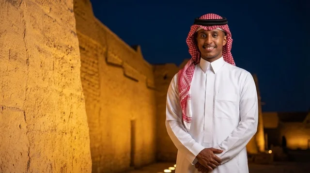 A Saudi man in traditional attire in a clay heritage village.