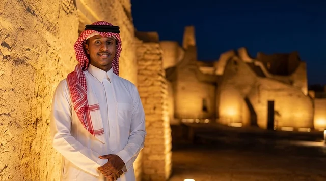 رجل سعودي في حي الطريف التاريخي بالدرعية ليلاً