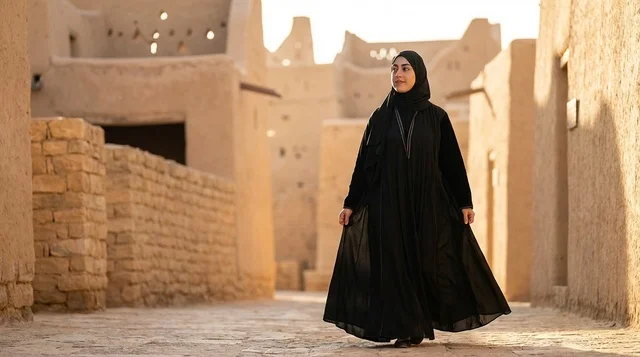 امرأة سعودية بالعباءة في منطقة الدرعية التاريخية امرأة سعودية بالعباءة في منطقة الدرعية التاريخية