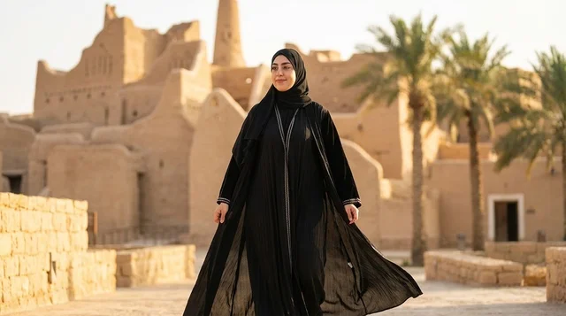 امرأة سعودية ترتدي العباءة السوداء في موقع تراثي قديم