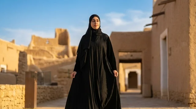 Saudi Woman in Abaya Walking in Heritage Village