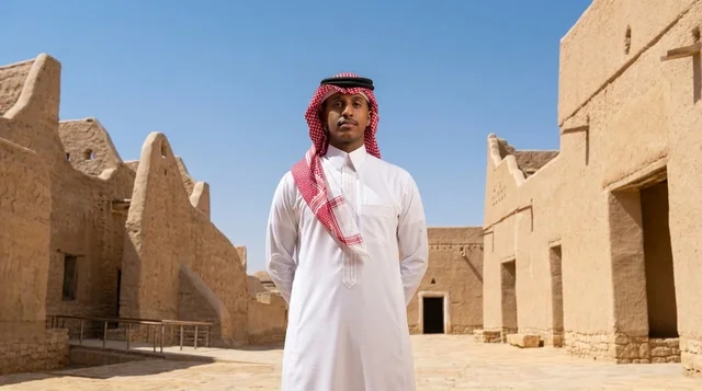 A Saudi man in traditional attire in a clay heritage village.