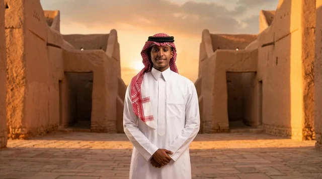 رجل سعودي بالزي التقليدي في قرية تراثية طينية رجل سعودي بالزي التقليدي في قرية تراثية طينية