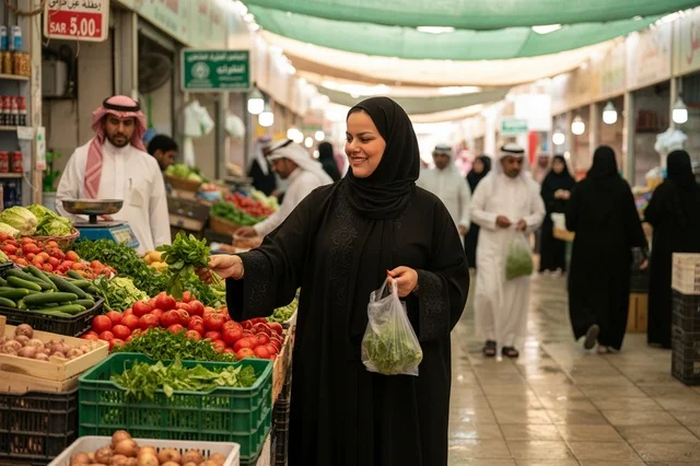 امرأة سعودية تتسوق الخضروات الطازجة من سوق شعبي