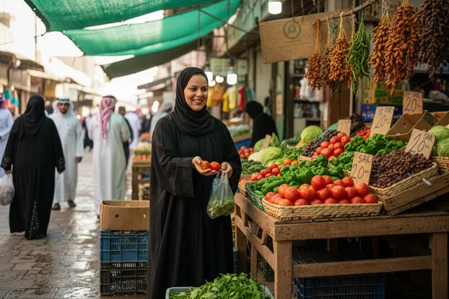 Saudi Woman Shopping Fresh Vegetables in Traditional Souq