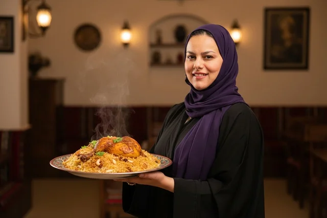 Saudi Woman Holding Traditional Chicken Mandi Platter