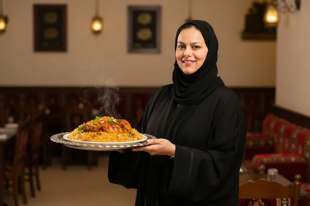 Saudi Woman Holding Traditional Chicken Kabsa Platter