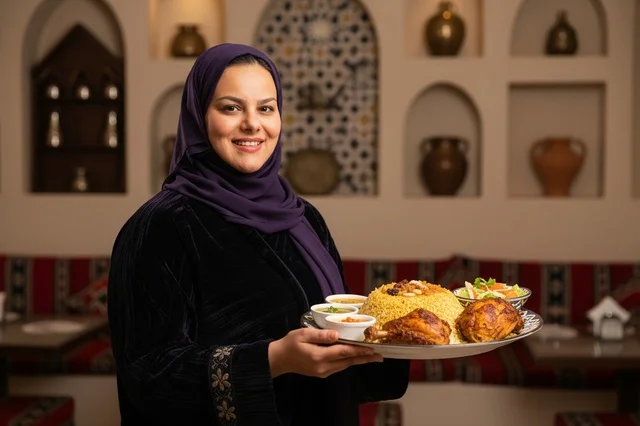 Saudi Woman Holding Traditional Arabic Mandi Rice Platter Saudi Woman Holding Traditional Arabic Mandi Rice Platter